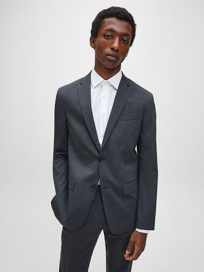 Calvin Klein Ruhák HU658336 | Calvin Klein Fitted Single-Breasted Wool Stretch Férfi Blézer Szürke